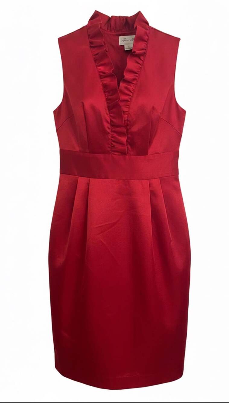 Sleeveless Red Ruffled V-Neck Sheath Dress